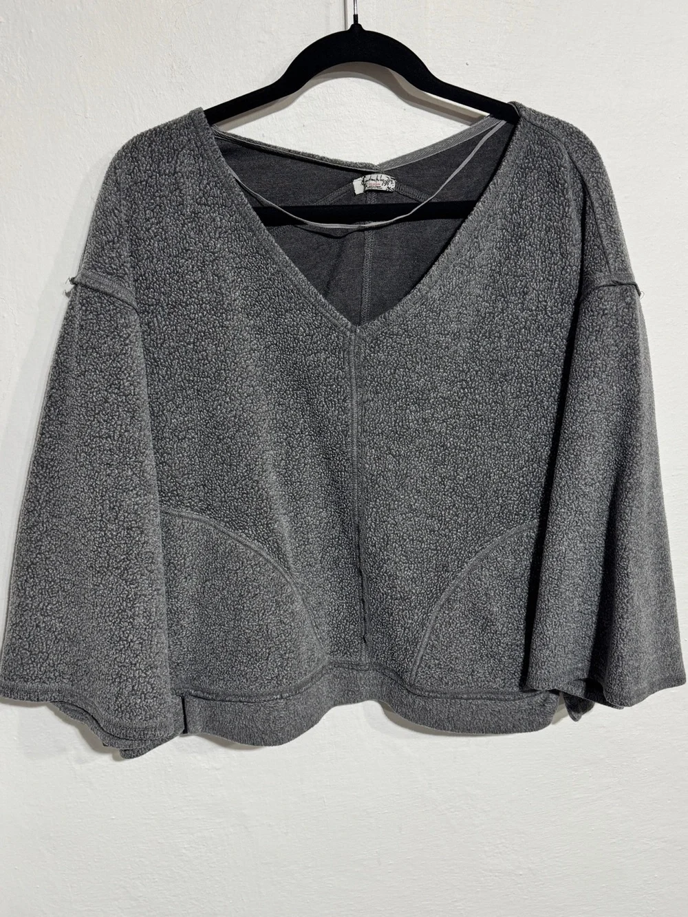 Free People Cozy V-Neck Plush Pullover Sweater - Gray small